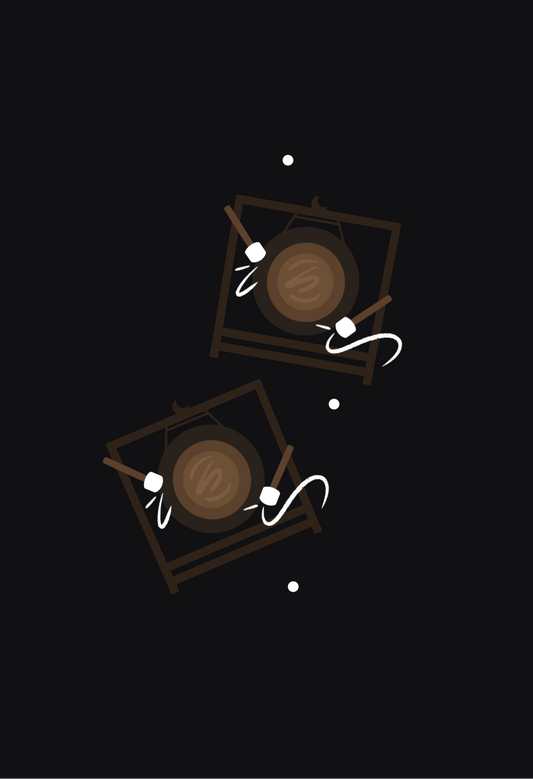 Two wooden bowls with white strings on a black background