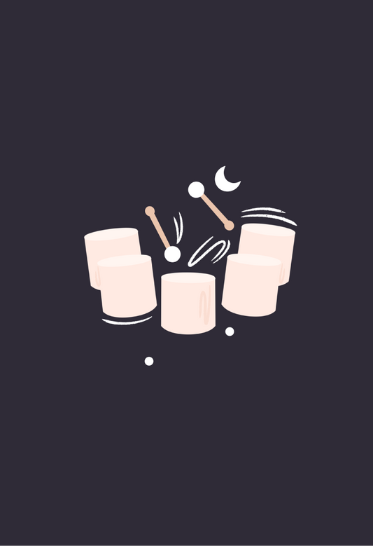 Illustration of a drum set with drumsticks on a black background