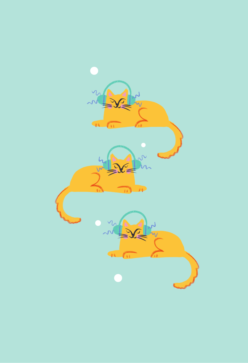 Illustration of three cats stacked on mint background