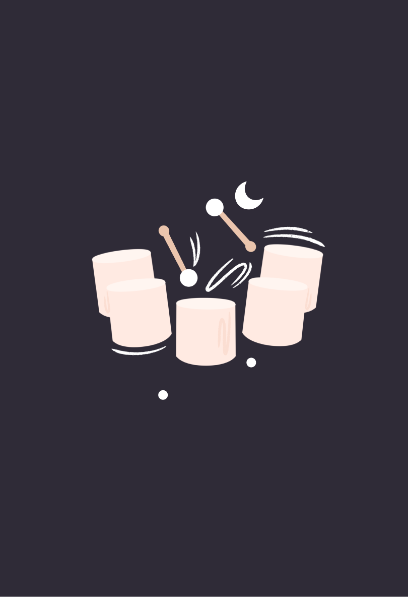 Illustration of a drum set with drumsticks on a black background
